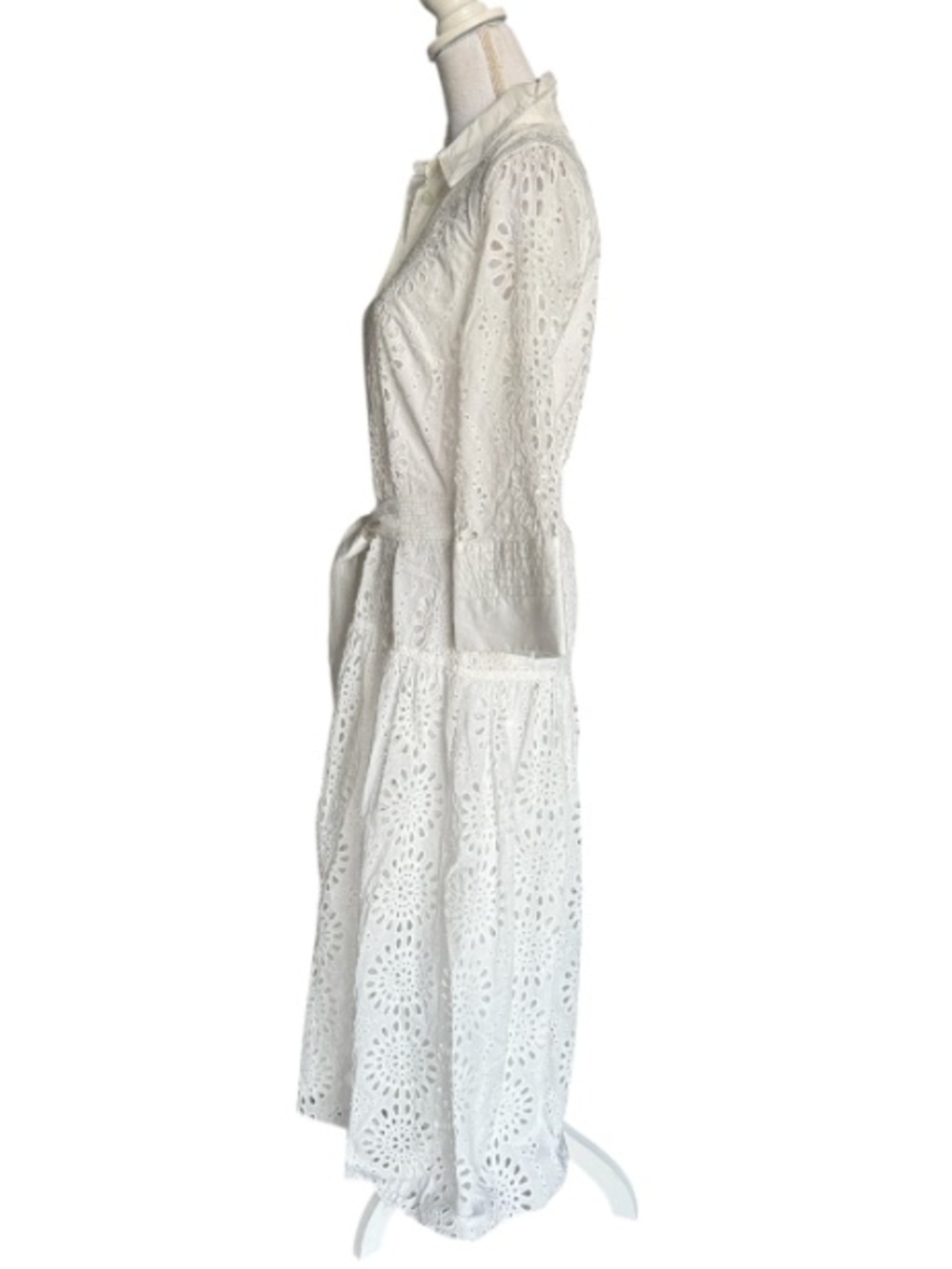 ZARA White Eyelet Shirt Maxi Dress with collar and belt Cotton NWT Medium - Picture 6 of 12